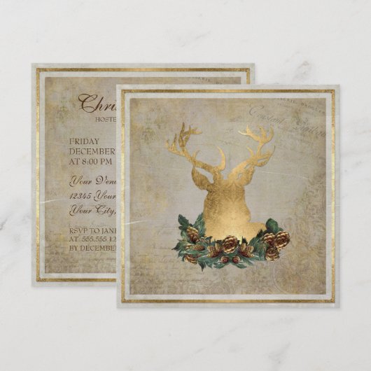 Gold Leaf Look Deer Head Antlers Kerstfeest Kaart (Voorkant / Achterkant)