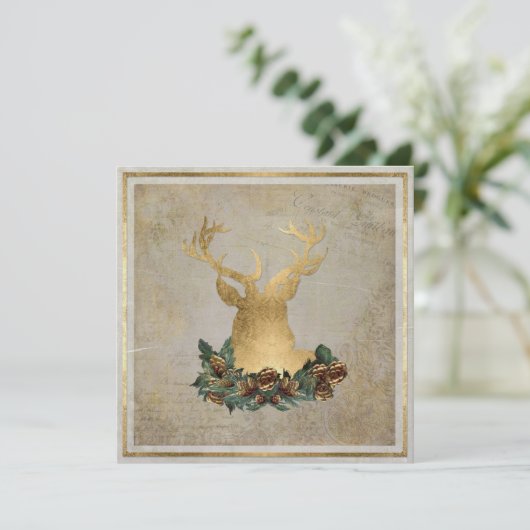 Gold Leaf Look Deer Head Antlers Kerstfeest Kaart (Staand voorkant)