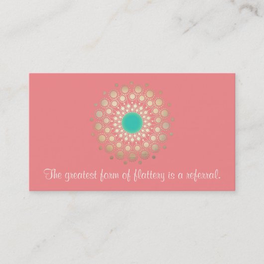 Gold  Leaf Mandala Roze Coral Referral-kaart Aanbevelingskaartje (Voorkant)