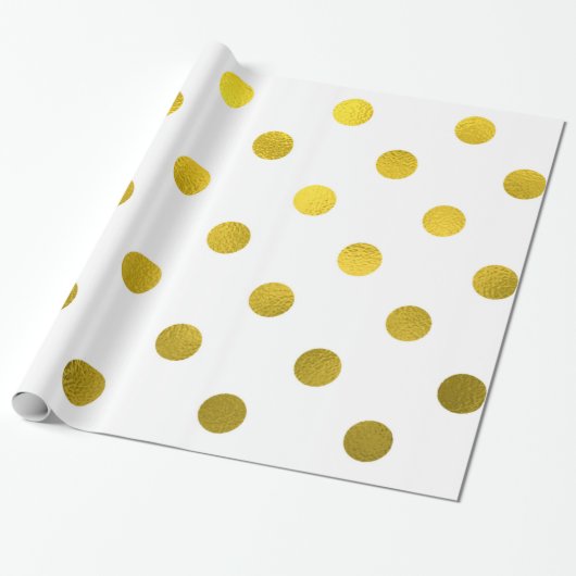 Gold Leaf Metallic Faux Foil Large Polka Dot White Cadeaupapier (Uitgerold)