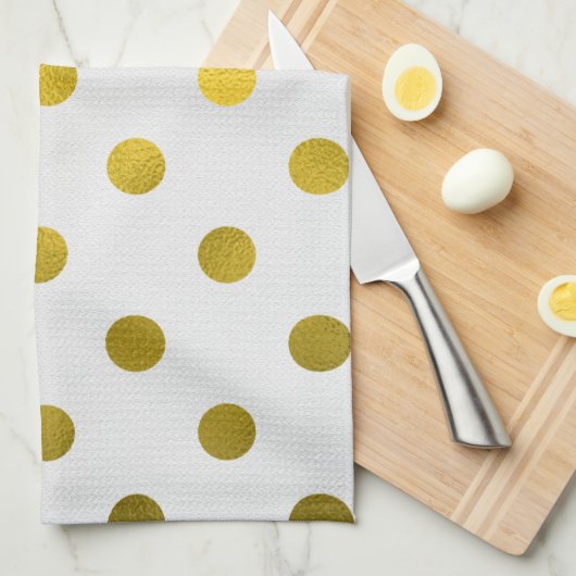 Gold Leaf Metallic Faux Foil Large Polka Dot White Theedoek (Quarter Fold)