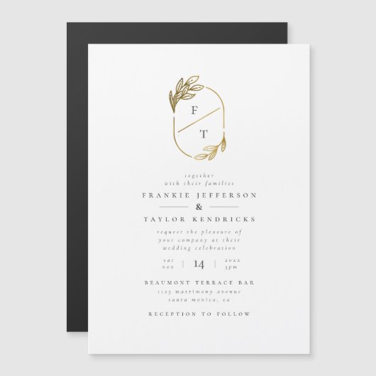 Gold Leaf Monogram | Moderne minimalistische bruil Magnetische Uitnodiging (Voorkant / Achterkant)