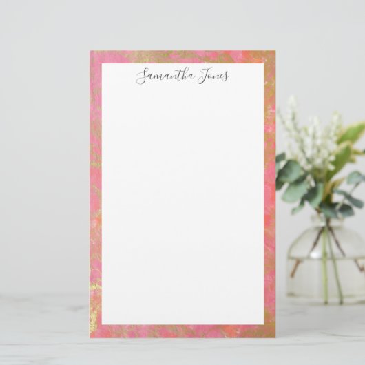Gold Leaf Pink Marble Metallic | Gepersonaliseerd Briefpapier (Staand voorkant)