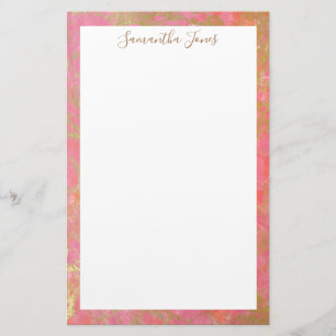 Gold Leaf Pink Marble Metallic   Gepersonaliseerd Briefpapier