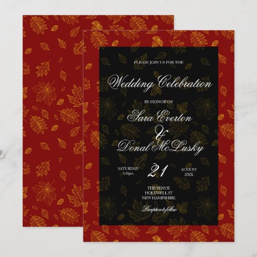 Gold Leaf Red en Black Autumn Wedding Kaart (Voorkant / Achterkant)