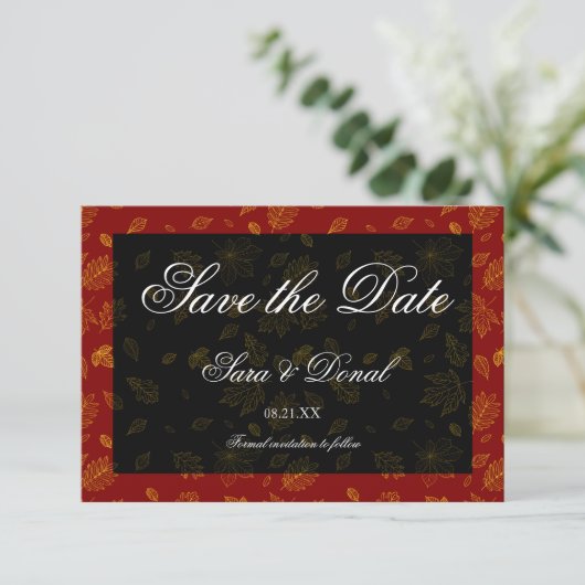 Gold Leaf Red en Black Save the Date Kaart (Staand voorkant)
