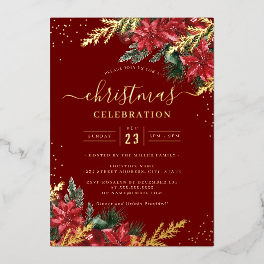 Gold Leaf Red Foliage Kerstfeest Folie Uitnodiging (Voorkant)