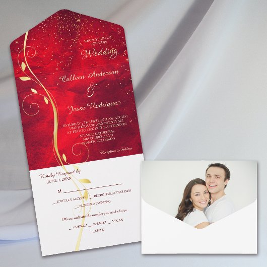 Gold Leaf Red Photo Template All-in-One Weddenscha All In One Uitnodiging