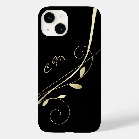 Gold Leaf Swirl Black Monogram Case-Mate iPhone Case (Achterkant)