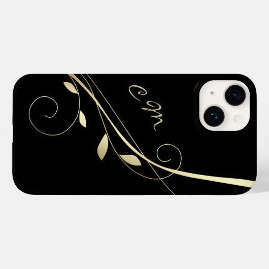Gold Leaf Swirl Black Monogram Case-Mate iPhone Case (Achterkant (horizontaal))