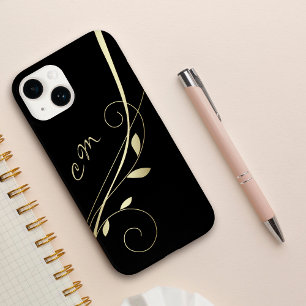 Gold Leaf Swirl Black Monogram Case-Mate iPhone 14 Hoesje