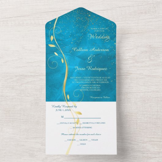 Gold Leaf Swirl Blauwgroen Blue Photo Template Wed All In One Uitnodiging (Binnen)