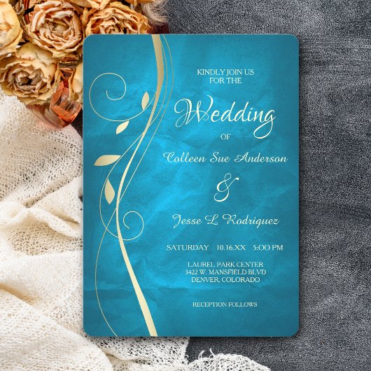 Gold Leaf Swirl Blauwgroen Blue Wedding Invitation Kaart