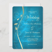 Gold Leaf Swirl Blauwgroen Blue Wedding Invitation Kaart (Voorkant)