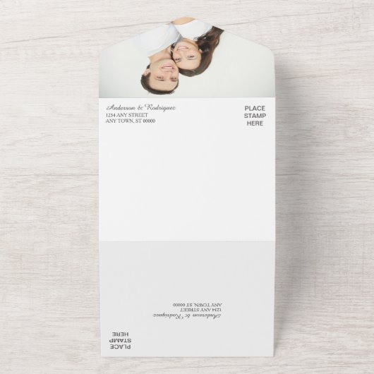 Gold Leaf Swirl Dark Red Photo Template Weddenscha All In One Uitnodiging (Buitenkant)