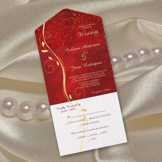 Gold Leaf Swirl Dark Red Photo Template Weddenscha All In One Uitnodiging