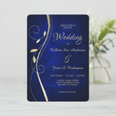 Gold Leaf Swirl Deep Blue Wedding Kaart (Staand voorkant)