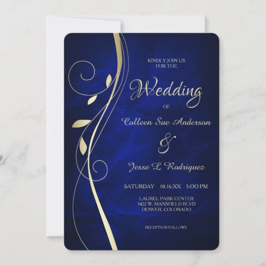 Gold Leaf Swirl Deep Blue Wedding Kaart (Voorkant)