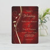 Gold Leaf Swirl Deep Red Wedding Kaart (Staand voorkant)