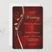 Gold Leaf Swirl Deep Red Wedding Kaart (Voorkant)