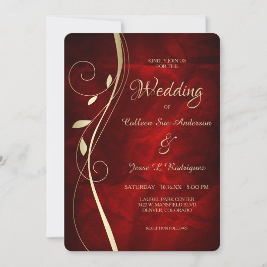 Gold Leaf Swirl Deep Red Wedding Kaart (Voorkant)