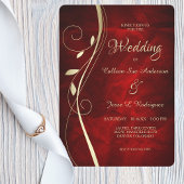 Gold Leaf Swirl Deep Red Wedding Kaart
