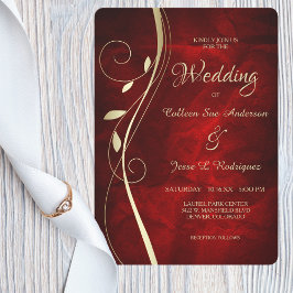 Gold Leaf Swirl Deep Red Wedding Kaart