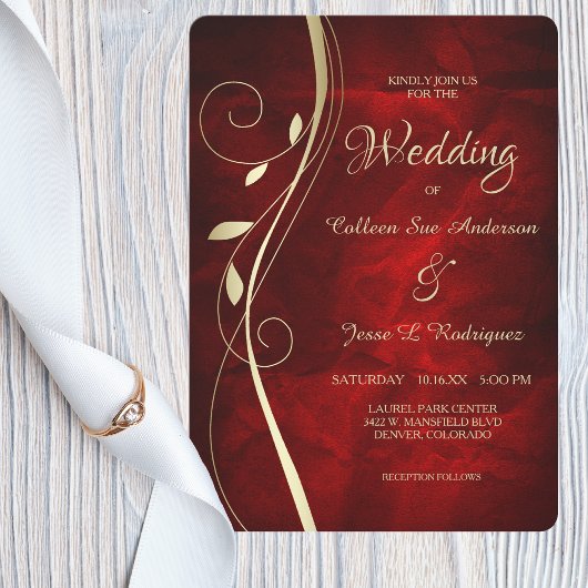 Gold Leaf Swirl Deep Red Wedding Kaart