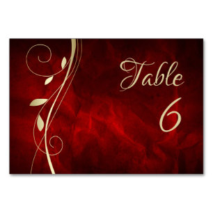 Gold Leaf Swirl Deep Red Wedtable Number Kaart