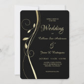 Gold Leaf Swirl Elegant Black Wedding Uitnodiging (Voorkant)