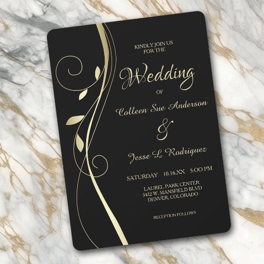 Gold Leaf Swirl Elegant Black Wedding Uitnodiging