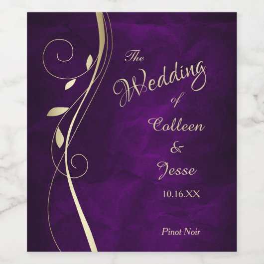Gold Leaf Swirl Paars Weddenschap Wine Label Wijn Etiket (Enkel label)