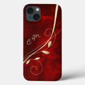 Gold Leaf Swirl Red Monogram Case-Mate iPhone Case (Achterkant)