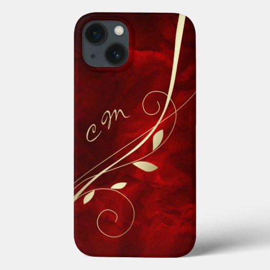 Gold Leaf Swirl Red Monogram Case-Mate iPhone Case (Achterkant)