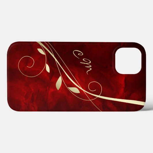 Gold Leaf Swirl Red Monogram Case-Mate iPhone Case (Achterkant (horizontaal))