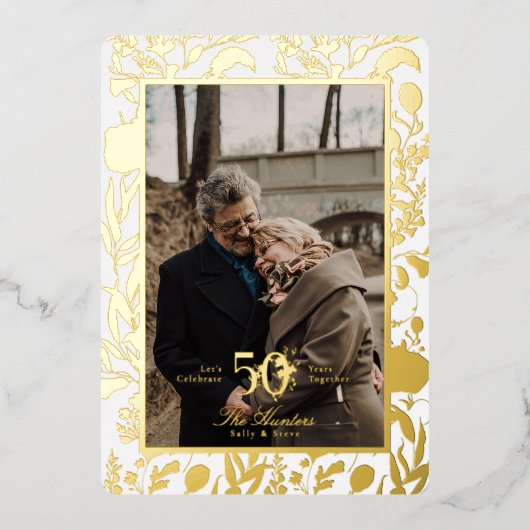 Gold Leaf WildFlower 50th Wedding Jubileum Folie Folie Uitnodiging (Voorkant)
