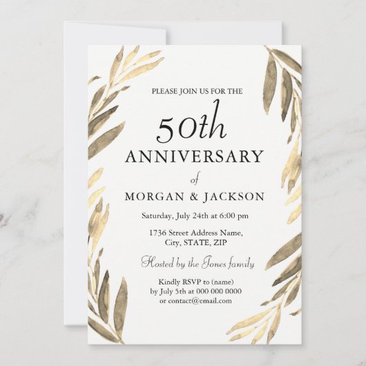 Gold Leaf Wreath 50th Wedding Jubileum Invite Kaart (Voorkant)