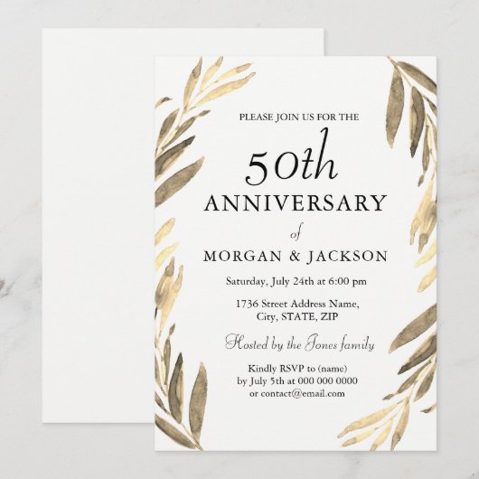 Gold Leaf Wreath 50th Wedding Jubileum Invite Kaart (Voorkant / Achterkant)