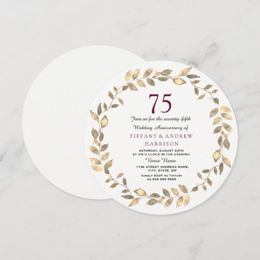 Gold Leaf Wreath 75th Wedding Jubileum Invite Kaart (Voorkant / Achterkant)