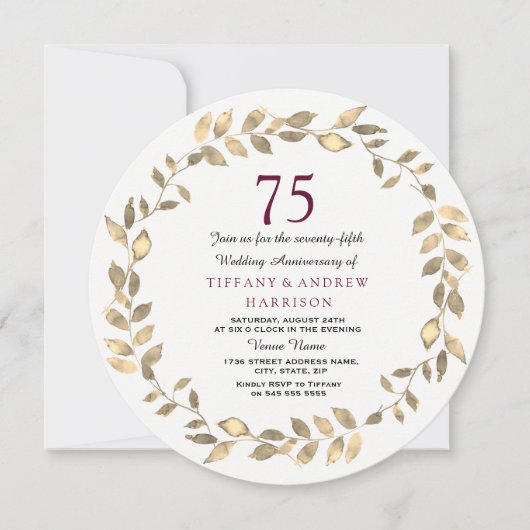 Gold Leaf Wreath 75th Wedding Jubileum Invite Kaart (Voorkant)