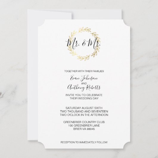 Gold Leaf Wreath & Black and White Script Wedding Kaart (Voorkant)