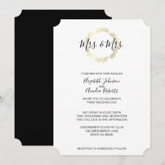 Gold Leaf Wreath & Black and White Script Wedding Kaart