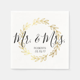 Gold Leaf Wreath & Black and White Script Wedding Servet