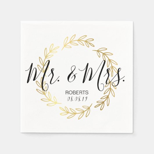 Gold Leaf Wreath & Black and White Script Wedding Servet (Voorkant)
