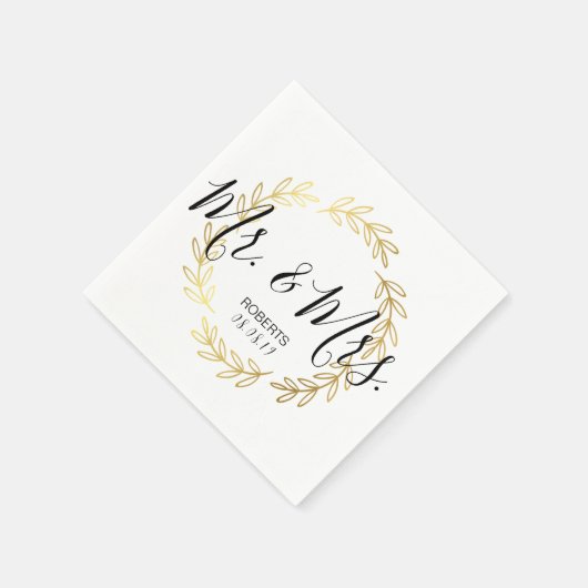 Gold Leaf Wreath & Black and White Script Wedding Servet (Hoek)
