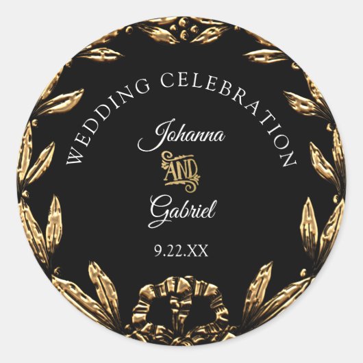 Gold Leaf Wreath Black Elegant Wedding Typography Ronde Sticker (Voorkant)