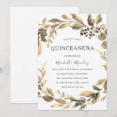 Gold Leaf Wreath Modern Quinceanera Party Kaart (Voorkant / Achterkant)