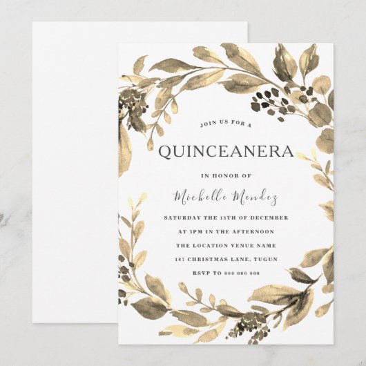 Gold Leaf Wreath Modern Quinceanera Party Kaart (Voorkant / Achterkant)