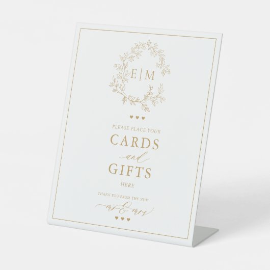 Gold Leafy Crest Monogram Card & Gifts Reclamebord Met Voetstuk (Voorkant)