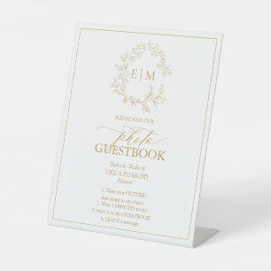 Gold Leafy Crest Monogram Foto Guestbook Reclamebord Met Voetstuk